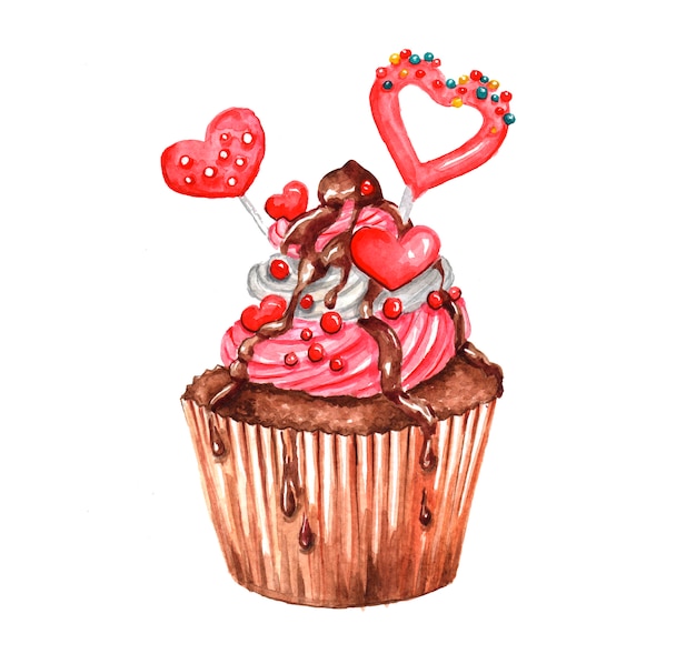 Hand painted watercolor cupcake illustration.