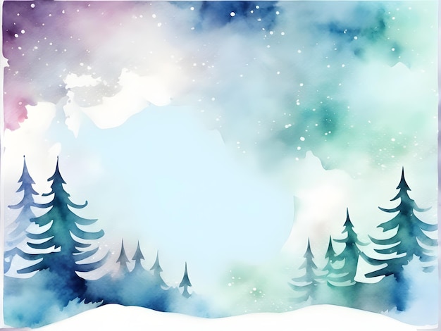 Hand painted watercolor forest winter background for Christmas invitation cards banner