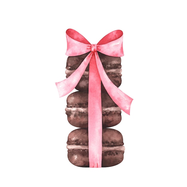 Hand painted watercolor illustration of chocolate macaroons tied with pink ribbon isolated on white background