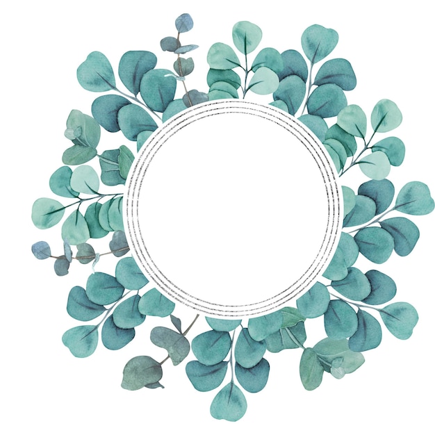 Hand painted watercolor illustration of green eucalyptus frame with silver lines