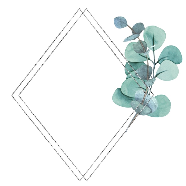 Photo hand painted watercolor illustration of green eucalyptus frame with silver lines