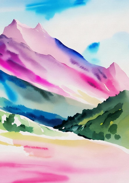 Hand Painted Watercolor Mountains ravel Painting Canvas Art Print