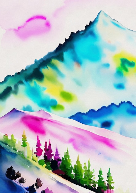 Hand Painted Watercolor Mountains ravel Painting Canvas Art Print