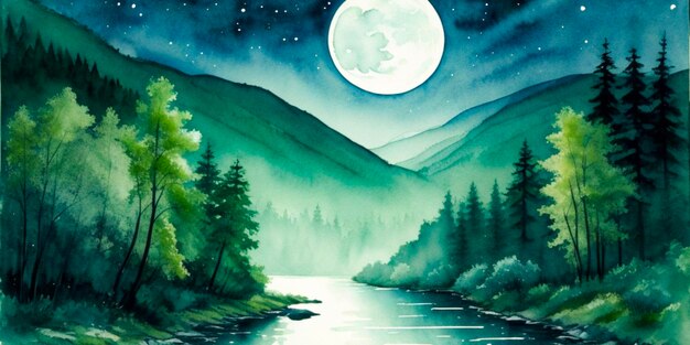 Hand painted watercolor nature background with moonlight night