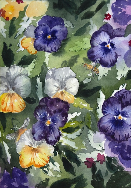 Photo hand painted watercolor pansies purple and yellow watercolor pansies floral background