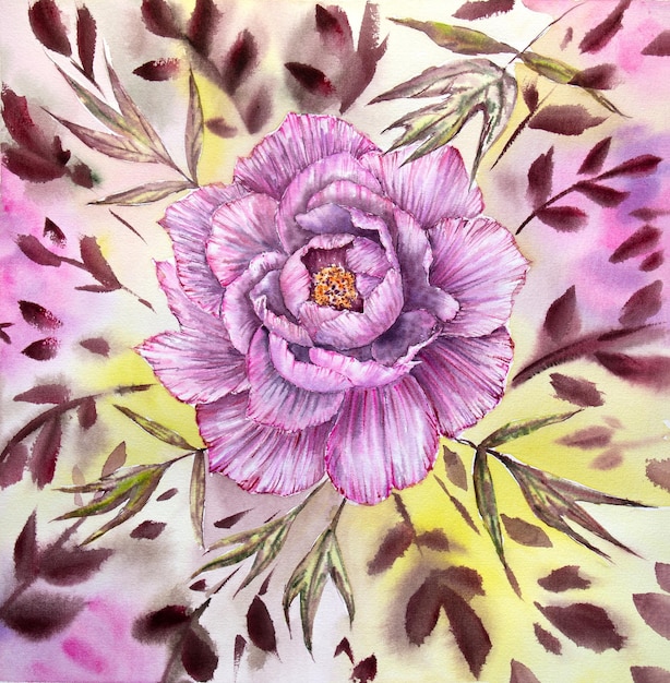 Hand painted watercolor peony Pink watercolor peony on the pink and light green background