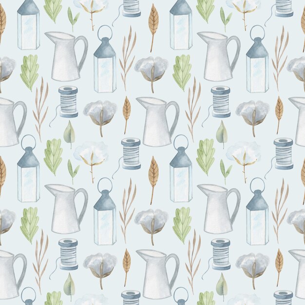 Hand painted watercolor seamless pattern. Cottage household items.  Cute illustration. 