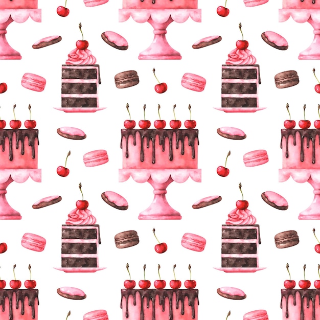 Hand painted watercolor seamless pattern with cherry sweets isolated on white background