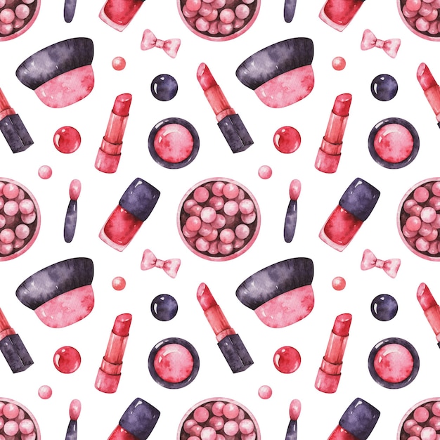 Photo hand painted watercolor seamless pattern with cosmetics isolated on white background