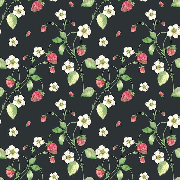 Hand painted watercolor seamless pattern with white flower on black background Floral Botanical