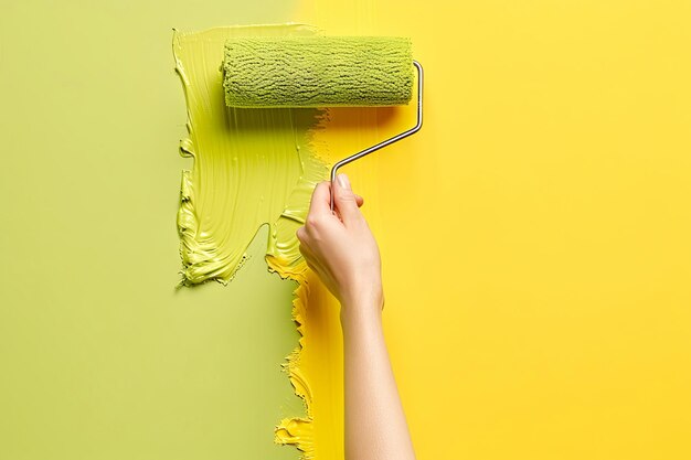 노란색 벽 에 롤러 를 사용 하여 활기찬 석회 녹색 줄무 를 손 으로 칠 하는 것