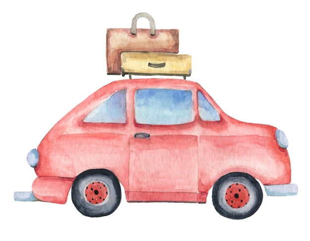 Photo hand painting watercolor red car. car with luggage hand drawn isolated on white