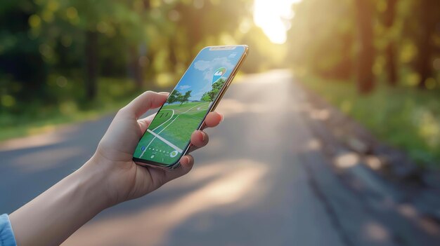 The hand of a person holding a smartphone with a map app open The person is standing on a rural road surrounded by trees