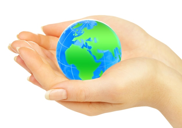 The hand of the person holds globe on a white background