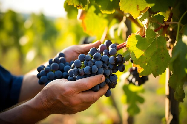 Hand picking ripe black grapes from black grapes orchard