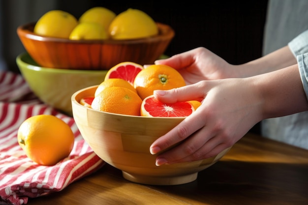 Hand picking up a grapefruit from a fruit bowl