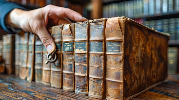 Hand picking up old books in a library Selective focus