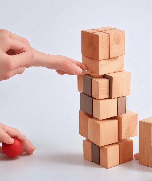 A hand placing and arranging a set of wooden cubes symbolizing the concept of job and technological