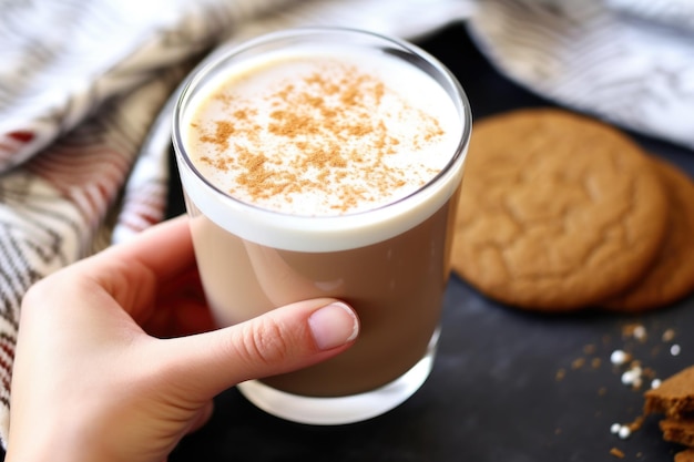 Hand placing gingerbread cookie next to latte