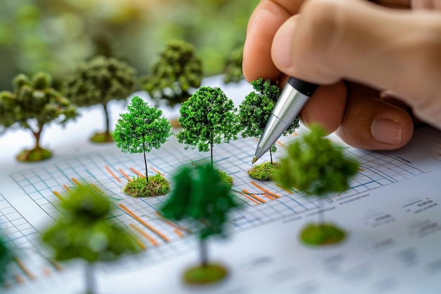 hand placing miniature tree on chart
