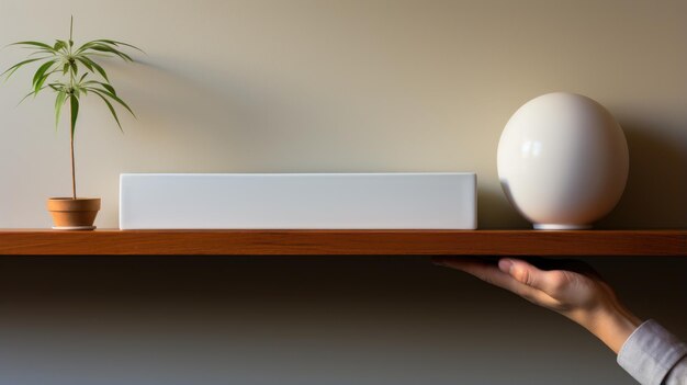 Hand placing minimalist decorative item on a shelf