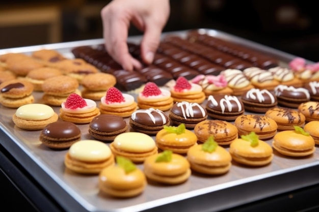 Hand placing a perfect eclair on a bakery display tray