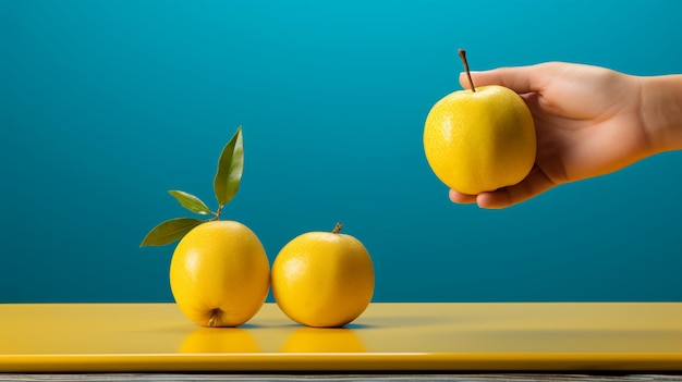 세 개의 레몬을 테이블에 놓고 있는 손