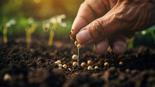 Photo hand planting seeds in fertile soil growth begins