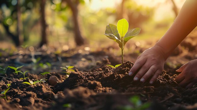 A hand planting a tree in the soil with a sunset in the background The image is warm and inviting and it evokes feelings of hope and growth