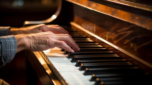 Hand playing piano Closeup Beautifull light and composition Elegant piano playing