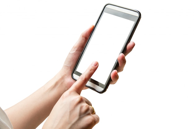 hand playing smartphone on isolated with clipping path.