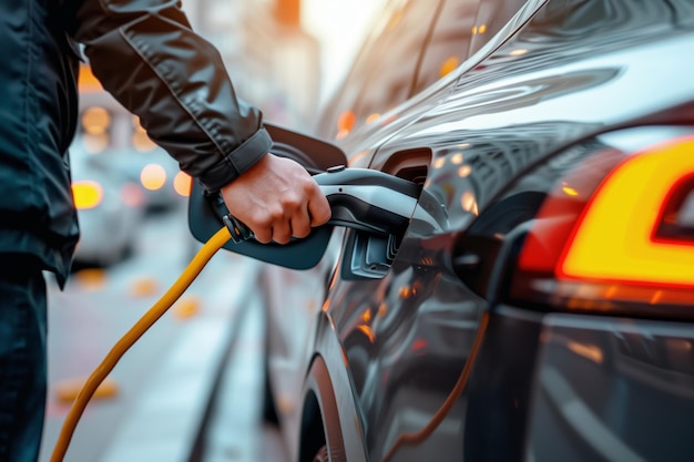 写真 手で電動車の充電器を接続する