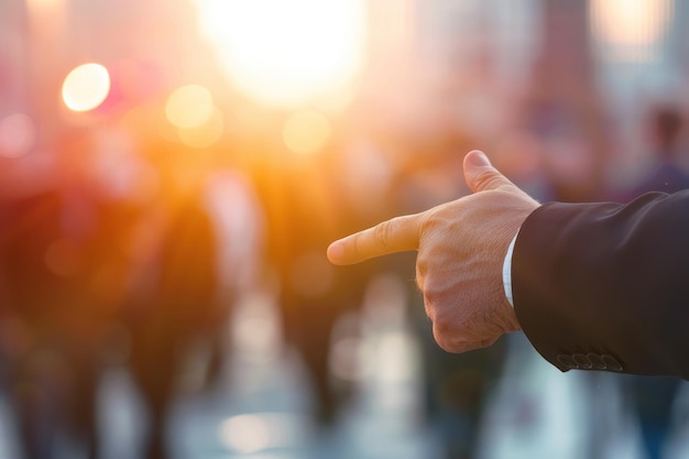 Hand pointing at crowd of businessmen on light backdrop Worker management concept