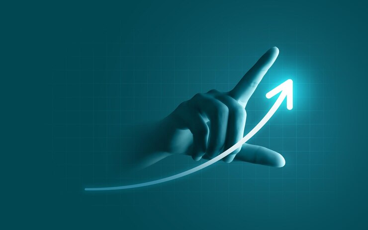 Photo hand pointing growth arrow success business target background of up icon direction development graph or investment finance profit stock market chart symbol and goal achievement on economy marketing