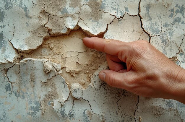 Foto immagine di ispezione del soffitto di una grande parete con la mano puntata verso una fessura aperta