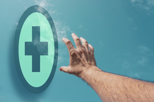 hand pointing at pharmacy icon health insurance