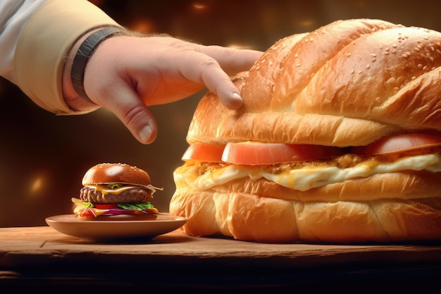 A hand points to a massive oversized burge