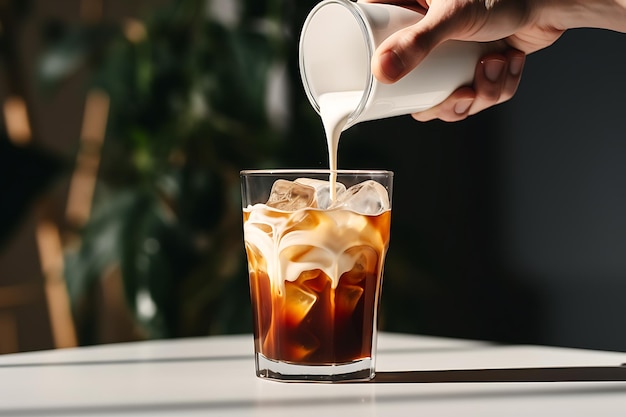 Hand pouring milk into a glass of milk tea