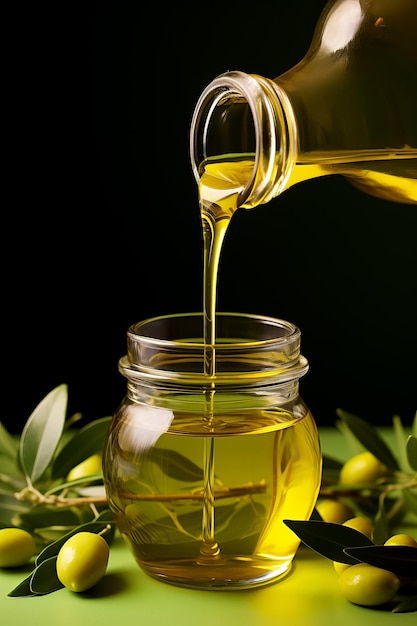 Hand pouring organic olive oil into a glass bottle isolated on a green gradient background