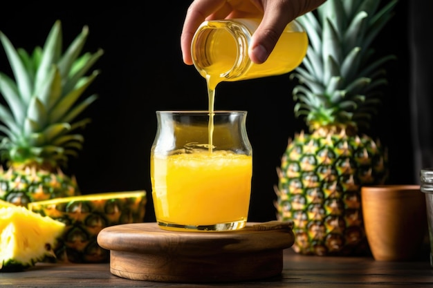 Hand pouring pineapple juice from a bottle into a glass