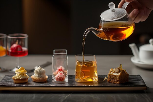 Hand Pouring Tea at a Dessert Table