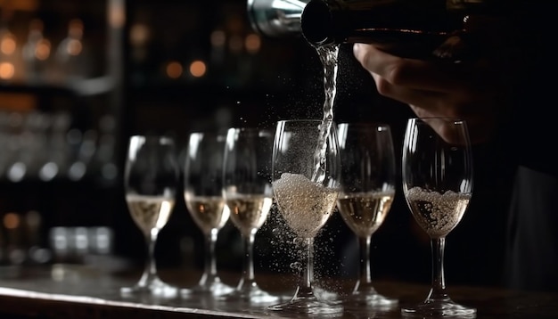 Hand pours bubbly into flute celebrating luxury at bar event generated by AI