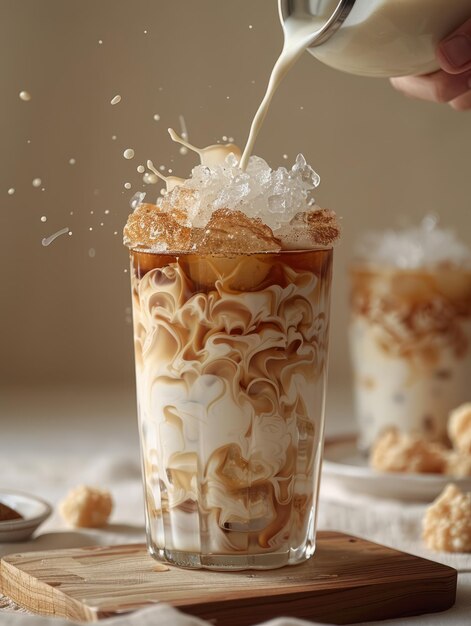 A hand pours milk from one glass with iced coffee