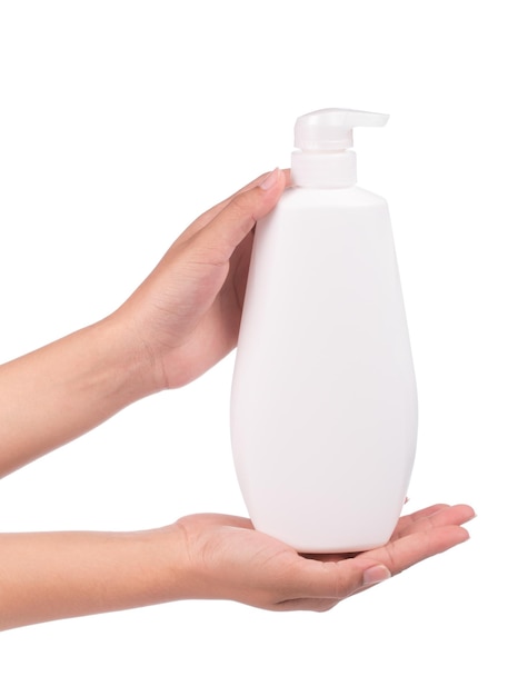 hand presenting liquid soap, shampoo,lotion,sanitizer isolated on white background