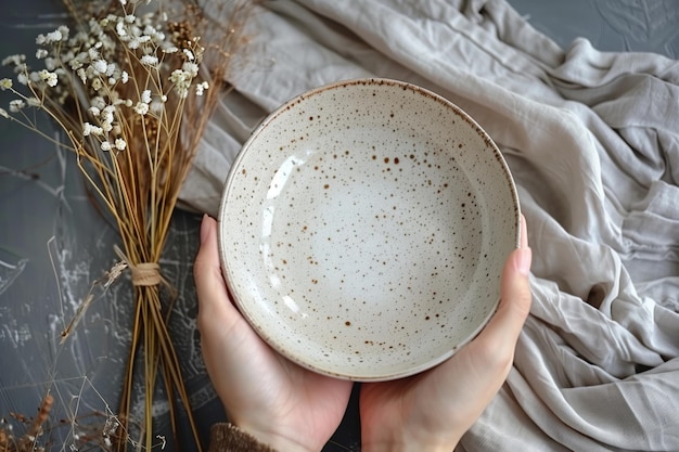 Hand presenting a speckled ceramic bowl with a bouquet of dried babys breath on a textured backgrou