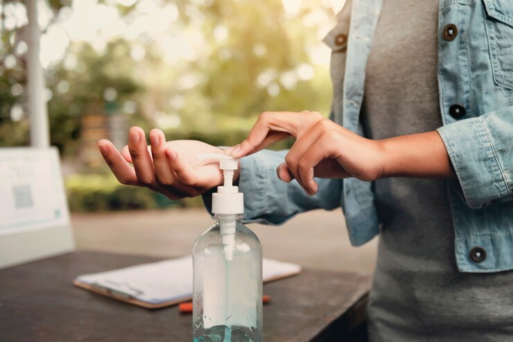 Photo hand press alcohol gel from bottle and applying sanitizer for hand make cleaning virus covid 19
