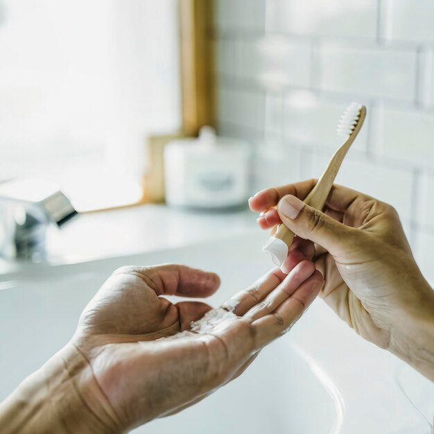 Premium Photo Hand press Toothpaste on tooth brush