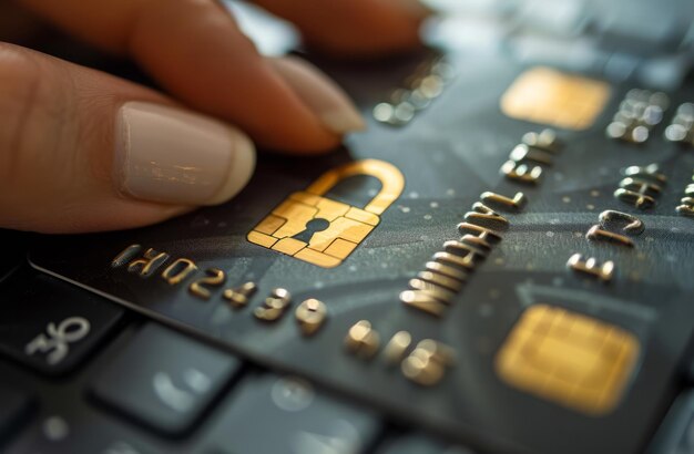 Hand presses gold padlock on credit card