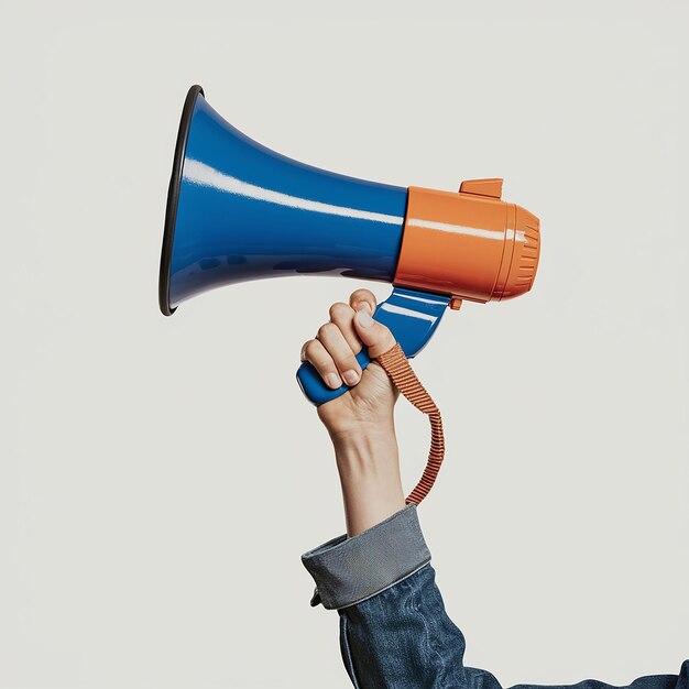 Photo a hand presumably of an individual holding a blue megaphone with an orange handle