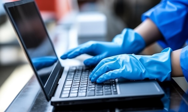 Hand in protective gloves typing on laptop keyboard protection from coronavirus covid concept